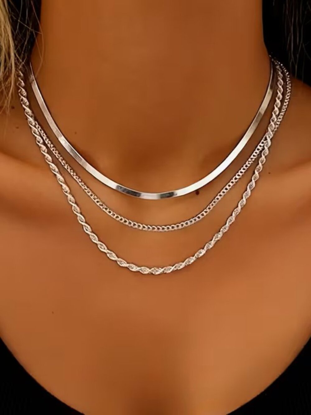 Silver Womens Layered Chain Necklace Set Herringbone Rope Choker Jewelry Gift